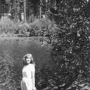 Norma at Manzanita Lake, in Mt. Lassen National Park, Northern California, on honeymoon trip to Crater Lake, Oregon.